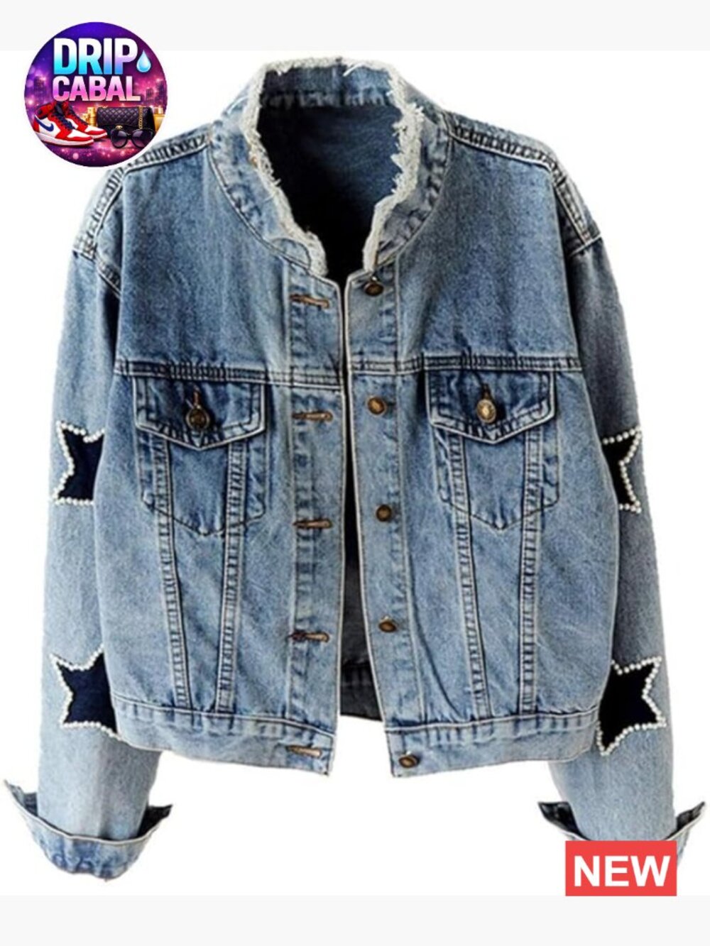 Pearl Beading Distressed Jean Jacket Button Down Long Sleeve